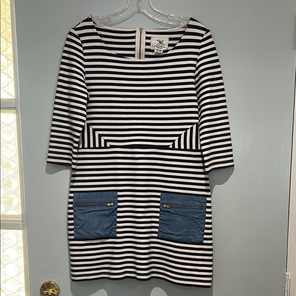 Chic Striped Blue and White Dress with Denim & Gold Accents